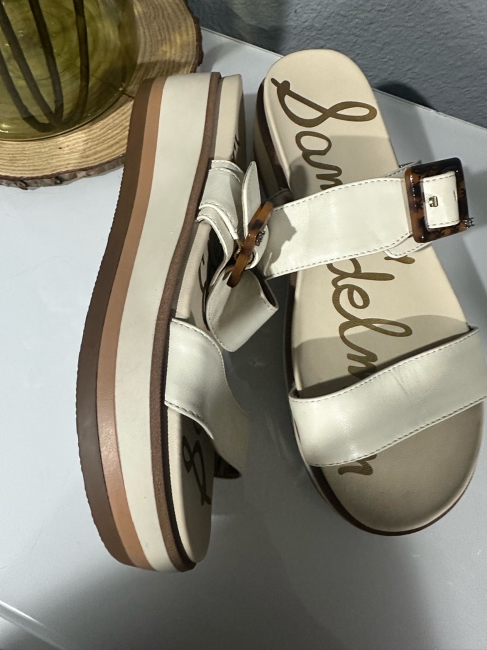 Sam Edelman Augustine Cream Platform Slide Sandals  Tortoiseshell Buckle Sz 8.5 - Picture 5 of 8